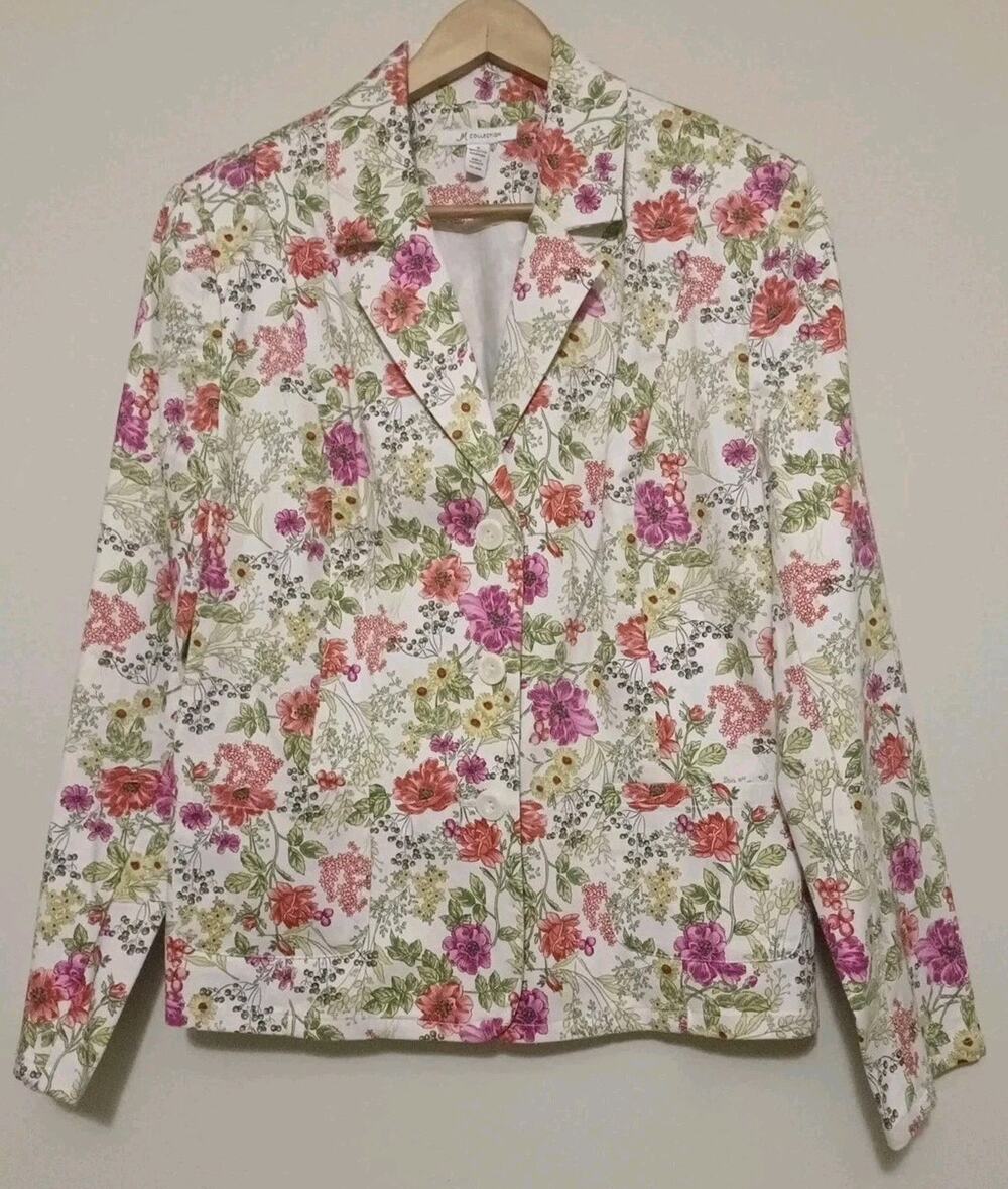 JM Collection White Pink Floral Spring Button Front Blazer Jacket Size 16